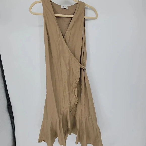 Babaton Dresses & Skirts - Aritzia Babaton True wrap Dress cotton sleeveless ruffle khaki tan Size XSmall